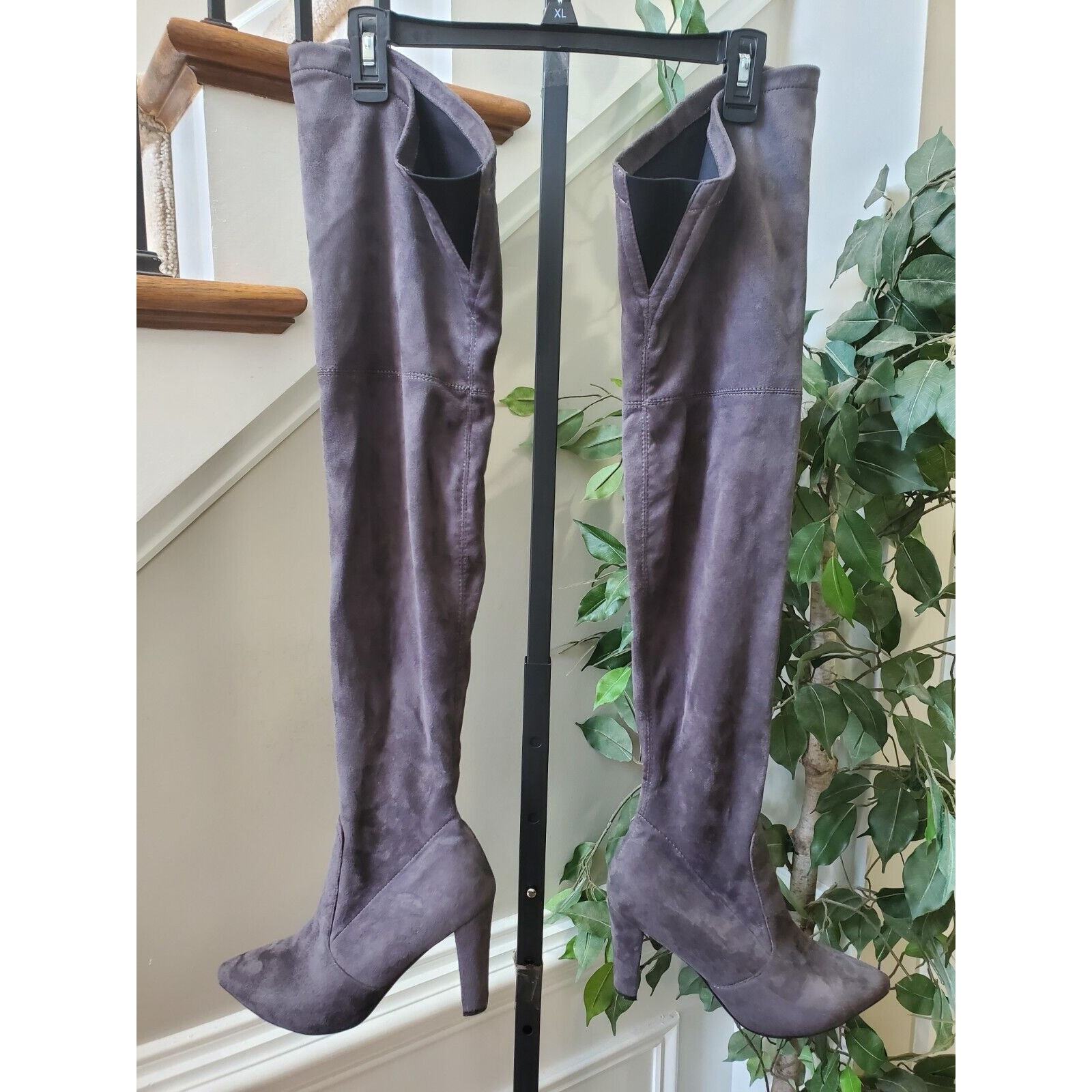 Gray Women's Suede Leather Pointed Toe Block Heel Knee High Boots Size 41 (9.5) Item image 12