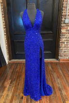 Backless Royal Blue Sequin Prom Gown with Slit,Formal Dress with Sequins - £134.78 GBP
