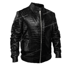 Men&#39;s Real Leather Crocodile Embossed Black Motorcycle Jacket Biker Jacket - £102.23 GBP+