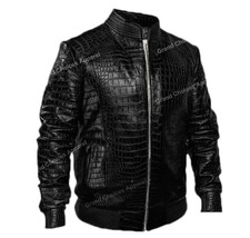 Men&#39;s Real Leather Crocodile Embossed Black Motorcycle Jacket Biker Jacket - £102.71 GBP+