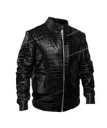 Men&#39;s Real Leather Crocodile Embossed Black Motorcycle Jacket Biker Jacket - £101.80 GBP+