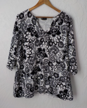 Carole Little White Knit Top Tunic 3/4 Sleeve Black Floral Print Women Fits 2X - £14.78 GBP