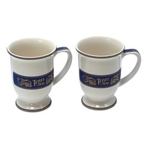 Tetley Tea Mug Lot 2 White Blue Gold Ceramic 1980s Pedestal Base - $37.57