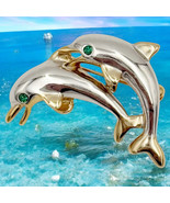 Twin Dolphins Brooch / Pin Two Tone With Green Crystal Eyes 1.5&quot; Chunky - £10.15 GBP