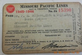 Missouri Pacific Lines Railroad Employee Pass J W Wallace 1945-1946 JA15390 - £15.71 GBP