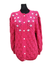 Vintage Handmade Cardigan Hand Knit Pink Sweater white Flowers Cottagecore - £47.06 GBP