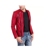 Stylish Motorcycle Biker Men&#39;s Red Jacket Handmade Leather Genuine Lambs... - $158.99 CAD+