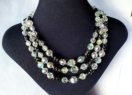 Vintage AB Crystal  French Jet 3 Strand Bib Necklace Rhinestone Clasp 19... - £39.16 GBP