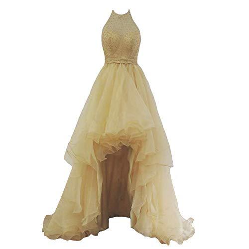 Sheer Beaded Halter High Low Organza Formal Gown Homecoming Prom Dress Beige 8