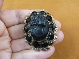 (C-1514) vintage 20&#39;s black glass + rhinestone mourning Lady cameo pin pendant - £81.45 GBP