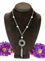Dangling TASSEL NECKLACE Vintage Openwork Circle &amp; Beads Silvertone 16&quot; - $16.82