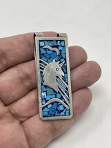 Unicorn Vintage Mexico Sterling Silver 925 Turquoise Inlay Money Clip Horse - $89.99