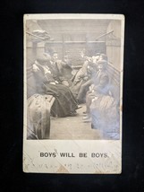 Antique RPPC &quot;Boys will be Boys&quot; Smoking Train ~ Double postmarked - £7.19 GBP