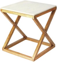 End Table Side X-Frame Base Natural Mango White Distressed Marble - £547.76 GBP