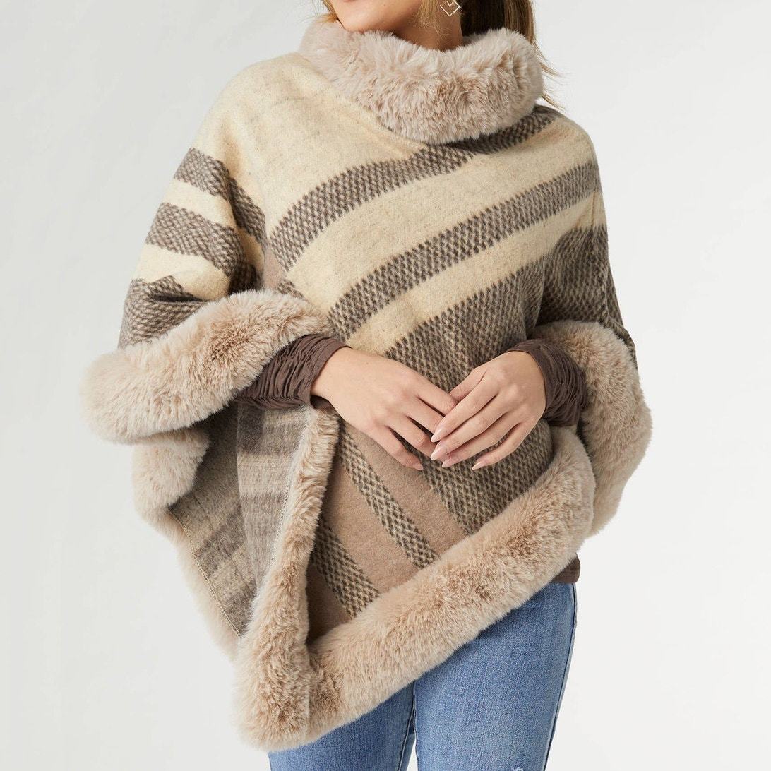 Abby Faux Fur Trim Stripe Poncho Tan