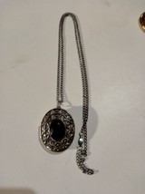 Vintage Avon perfume locket silver tone black crystal necklace ot pin 26&quot; chain - £25.39 GBP