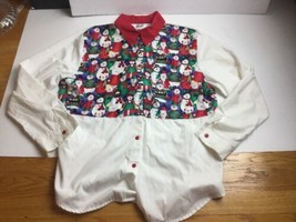 L Large xmas TAP &amp; CO vtg Snowman holiday yoke bib blouse button shirt  buttonn - £12.44 GBP