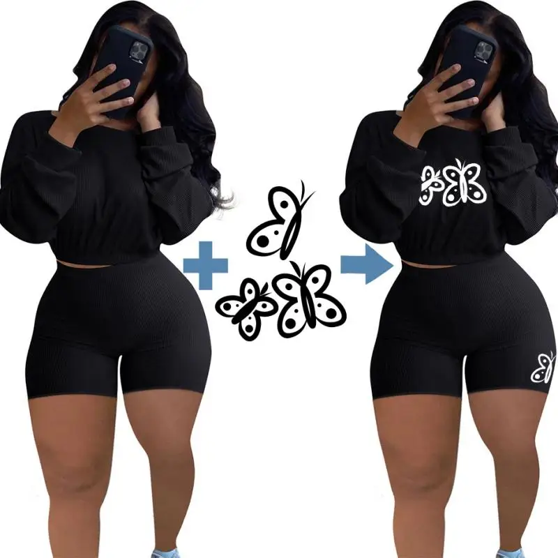  women threaded casual pullovers long sleeve crop top and shorts 2 pieces set tracksuit thumb200
