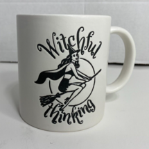 Witchful Thinking Coffee Mug, White - Pin Up Witch Riding Broom Halloween Pun - £16.39 GBP