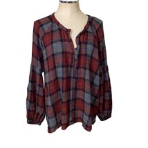 Zara Red Blue Plaid Long Sleeve Flannel Peasant Blouse Size XL - $22.70