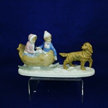 Figurine Dog Pulling Sled with Children Collectible Porcelain by Meico Inc - £29.24 GBP