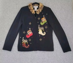 VTG Tiara International Christmas  Sweater Women Large Black Fur Full Zi... - $22.00