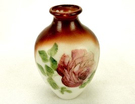 Hand Painted Milk Glass 7&quot; Flower Vase, White w/Brown, Pink Rose Bloom &amp;... - £15.44 GBP