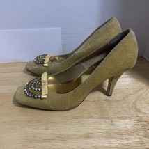 Pierre Dumas, Gold Prong Set Rhinestones &amp; Bow  Women&#39;s Heels Shoes Sz 9 - $245.11 MXN