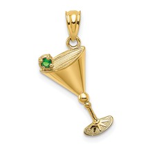 14K Gold Martini Glass with Green CZ Olive Pendant Jewerly 24.3mm x 9.8mm - £47.52 GBP