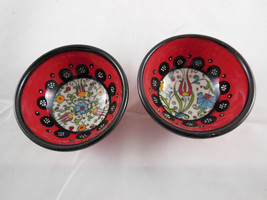 NIMET Gorgeous hand made in Turkey 3&quot; x 1.5&quot; bowls Signed Red w Floral d... - $10.39