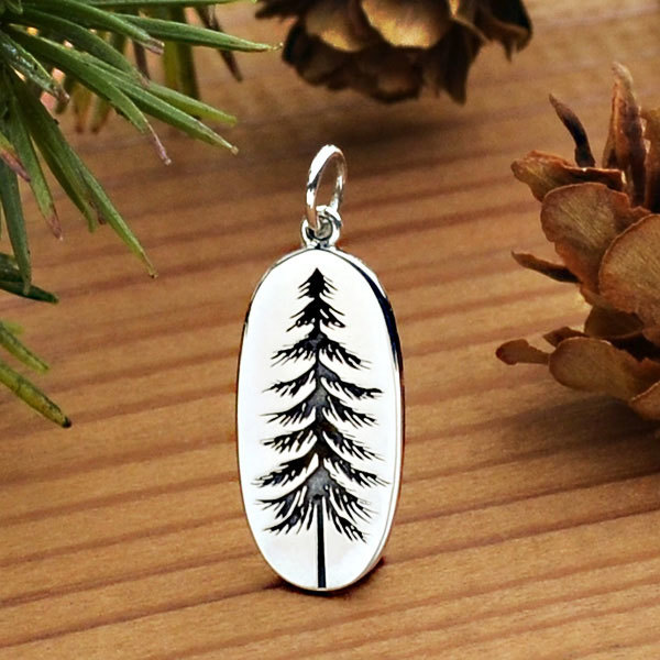Sterling Silver Pine Tree Charm Etched on an Oval 26x10mm - $36.88