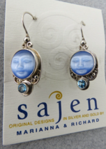 Sajen Face Earrings Sterling Silver Drop Dangle Blue Glow Satin Glass Crystals - £77.87 GBP