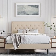 Full Size Adjustable Height Platform Bed Frame with Beige Upholstered Headboard - $7,099.64 MXN