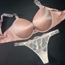Victoria&#39;s Secret 34DDD Bra Set M Thong Panty Pink Lace Bridesmaid Shine Strap - £63.22 GBP