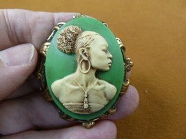 CA20-97 RARE African American LADY off-white + green CAMEO brass Pin Pendant - £26.36 GBP