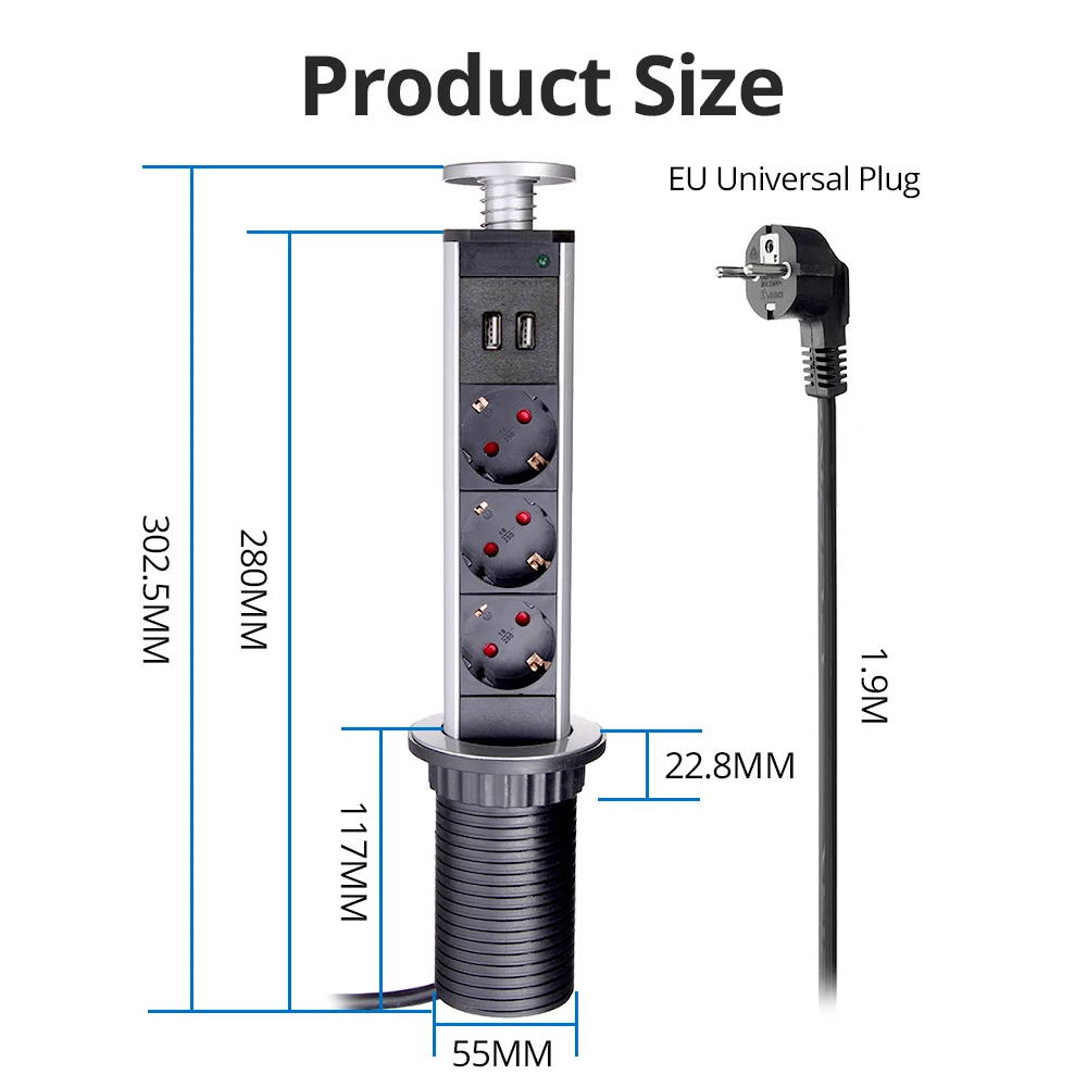 House Home Wallpad Pull Pop Up Desktop Socket 3 Outlets 2.4A USB Charge Ports 2M - £37.74 GBP