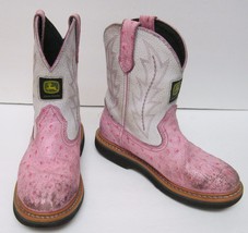 John Deere Boys Western Cowboy Boots White/Pink Leather Faux Ostrich 2 M - $23.82