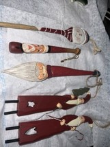 4 Vintage Wooden Carved and Painted Santa Ornaments &amp; Snowman Spoon - £14.33 GBP
