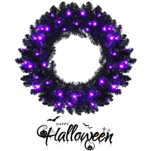 Costway 24&quot; Pre-lit Christmas Halloween Wreath Black w/ 35 Purple LED Lights - £40.09 GBP