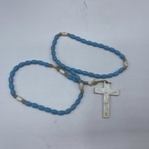 Light Blue Plastic Beaded Chain Rosary Necklace Cross Pendant - £11.64 GBP