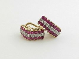 1.50CT Round Cut Red Ruby &amp; Diamond Omega Back Earrings 14K Yellow Gold Over - £69.36 GBP