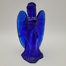 Vintage Cobalt Blue Art Pressed Glass Christmas Holiday Angel Candlestic... - $14.84