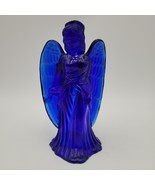 Vintage Cobalt Blue Art Pressed Glass Christmas Holiday Angel Candlestic... - $14.84