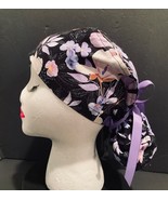 Purple/Pink Flowers Euro Scrub Cap, Satin Tie, Medical, Food Service, He... - $19.80