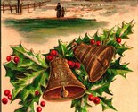 Gilt Bells Holly Winter Cabin Scene Embossed A Merry Christmas 1908 Post... - £12.41 GBP