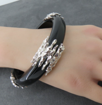 Black Acrylic Bangle Bracelet Silver Tone Metal Accents Larger Wrist Textured - $9.89