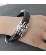 Black Acrylic Bangle Bracelet Silver Tone Metal Accents Larger Wrist Tex... - $9.89