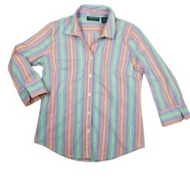 LEMON GRASS Womens S Rainbow Striped Career Stretch Button Front Shirt Open Cuff - £5.96 GBP