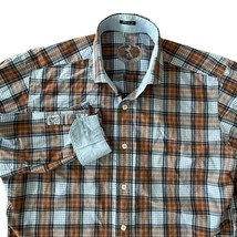 Bugatchi Large Shirt Brown Blue Plaid Long Flip Sleeve Cotton Classic Fit - $221.16 MXN