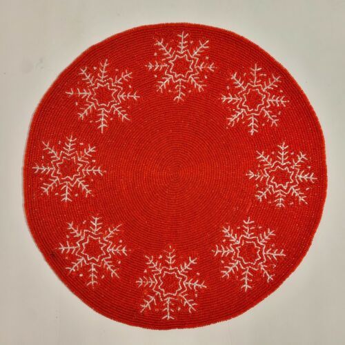 Christmas Red & White Snowflake Glass Beaded 15" Round Charger Placemat READ - $22.99